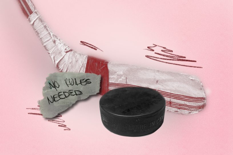 A photo illustration of a hockey stick, puck and ripped paper placed over a pink background.