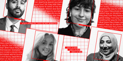 Photo composition of four headshots, with various technological elements in red.