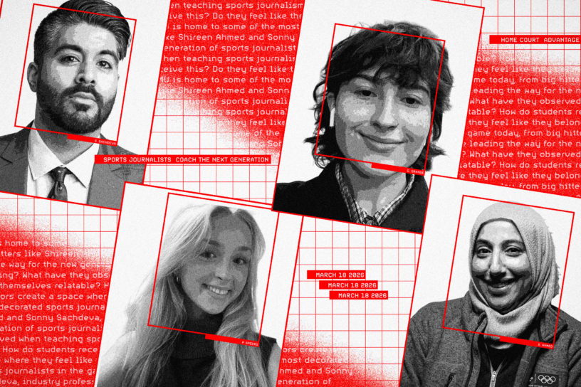 Photo composition of four headshots, with various technological elements in red.