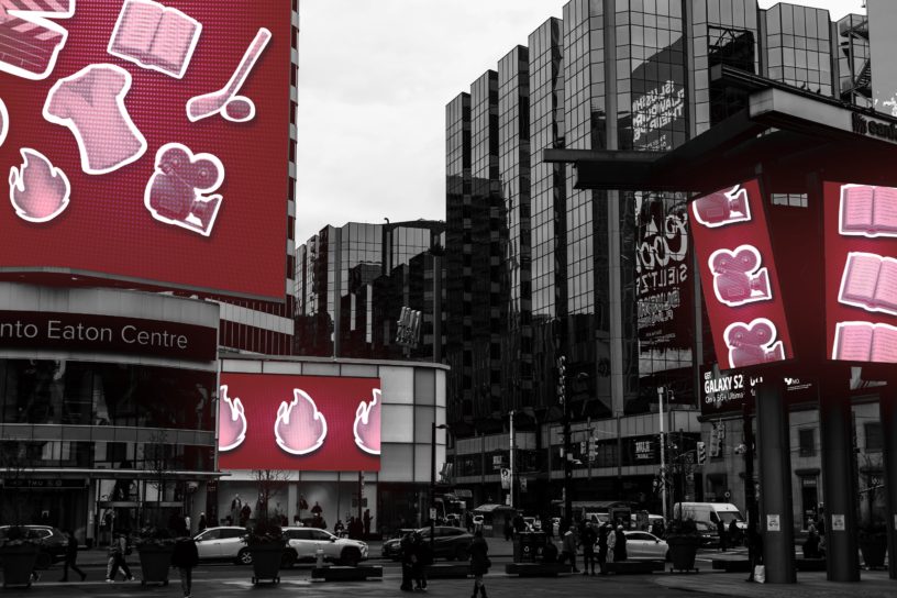 A photo illustration of a city square filled with billboards of various icons relating to sports and pop culture