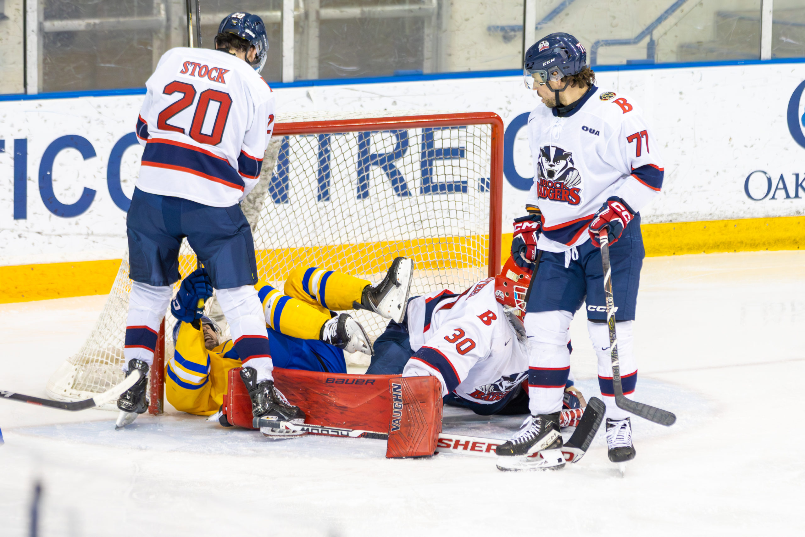 Two Brock players stare down at a TMU player who has fallen over Brock's goaltender and into the net