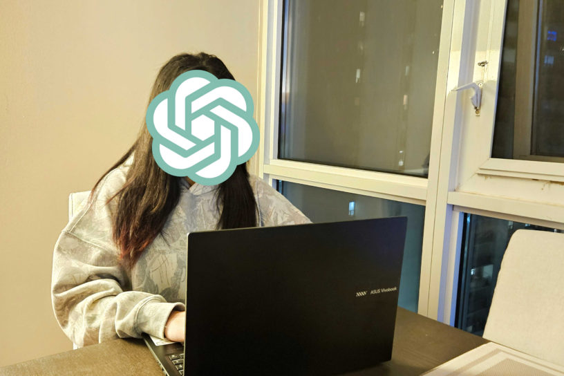 Someone sitting at a desk with their computer out but there is a ChatGPT logo over their face.