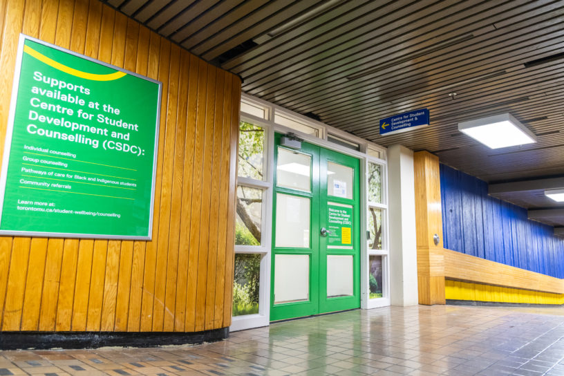 Photo of the hallway and door outside the Centre for Student Development & Counselling.