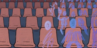 An illustration of a row of arena seats, with ghost like purple figures