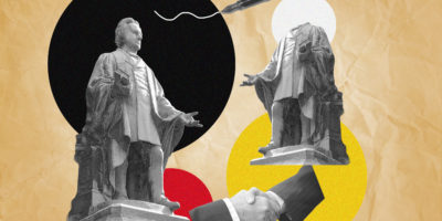 Photos of a statue of Ryerson Egerton in front of black, white, yellow and red circles. There is a pen and hand shaking assets around the page.