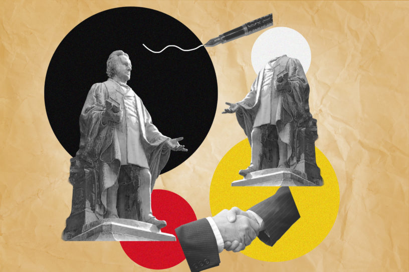 Photos of a statue of Ryerson Egerton in front of black, white, yellow and red circles. There is a pen and hand shaking assets around the page.