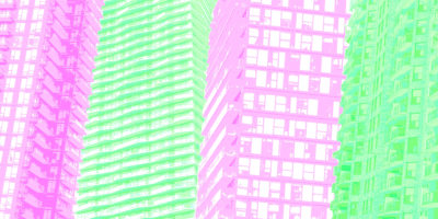 Image of a buildings with green and pink tones.