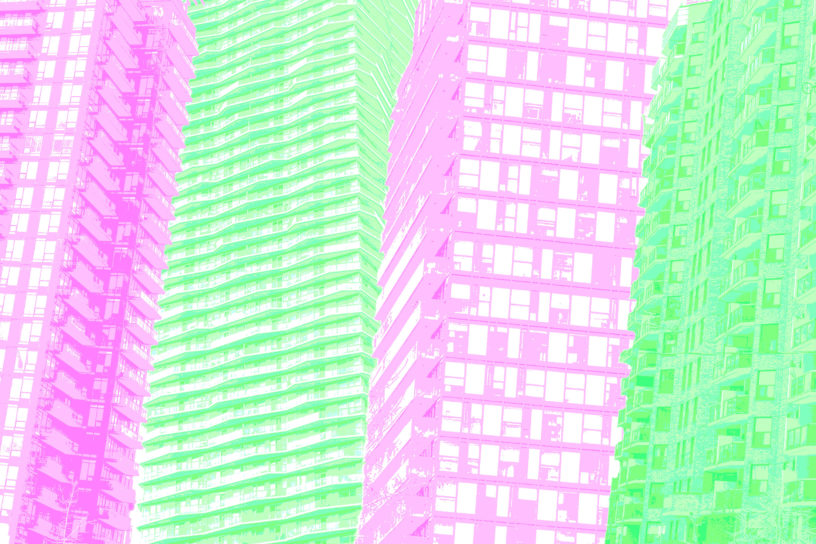 Image of a buildings with green and pink tones.