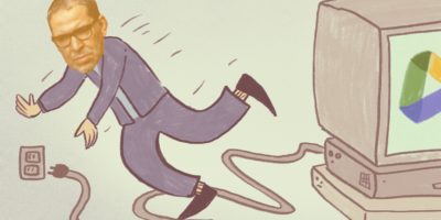 An illustration of Mohamed Lachemi tripping over a computer wire