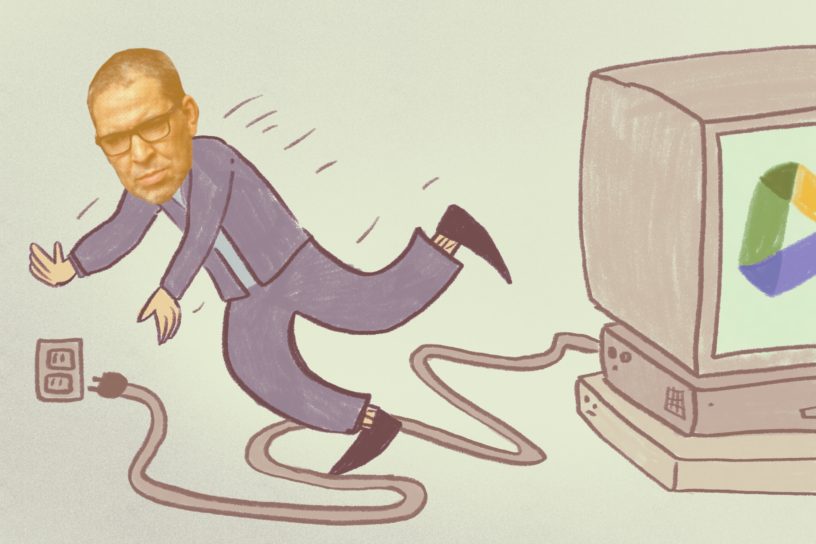 An illustration of Mohamed Lachemi tripping over a computer wire
