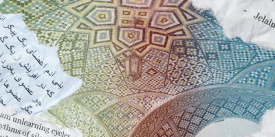 An image of Golestan Palace with a coloured gradient and ripped paper around the image.