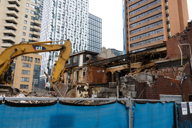 The Imperial Pub mid demolition from the back. The inside of the bar can be seen