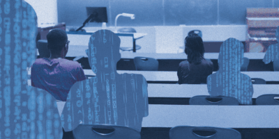 A photo illustration of students replaced by computer code sitting in a lecture hall