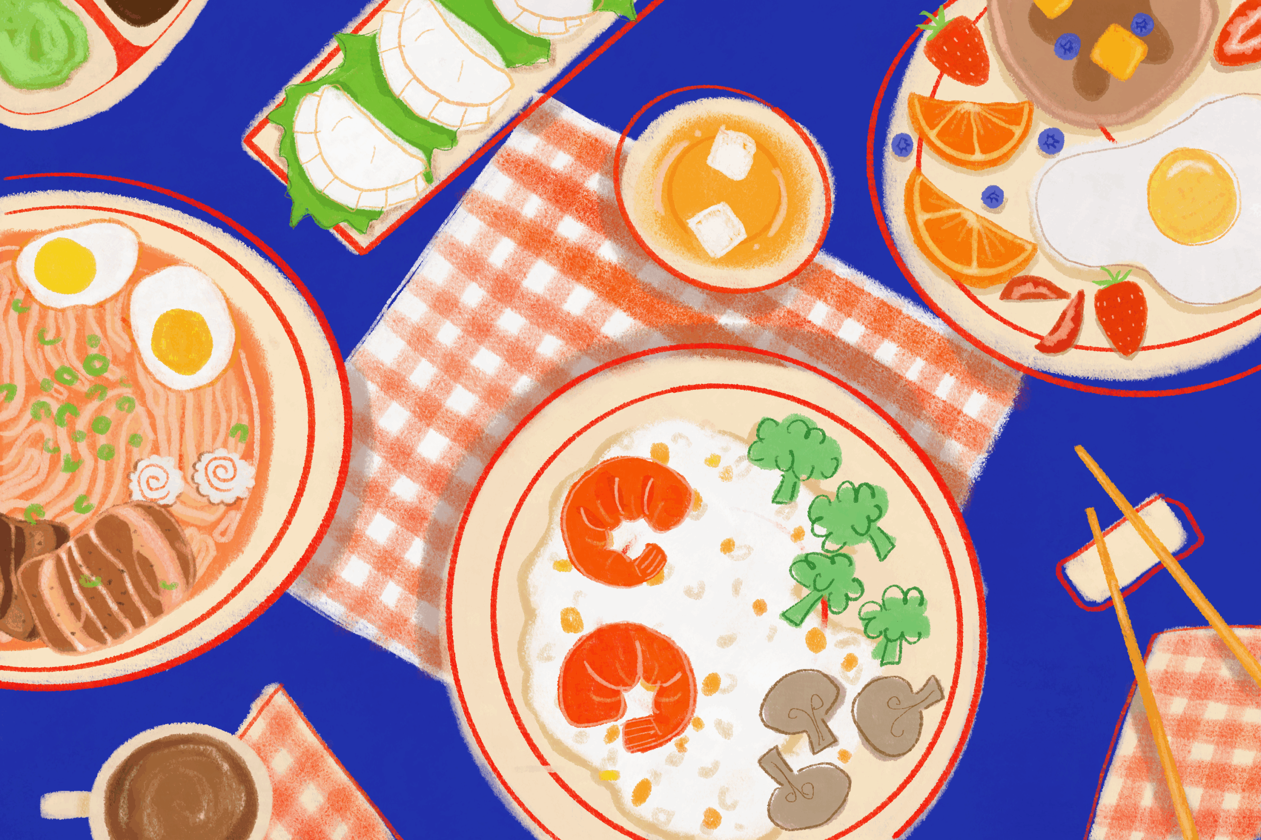 A graphic of a picnic table with bowls of ramen and dumplings with a blue background