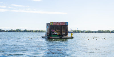 A picture of a floating convenience store on Lake Ontario.
