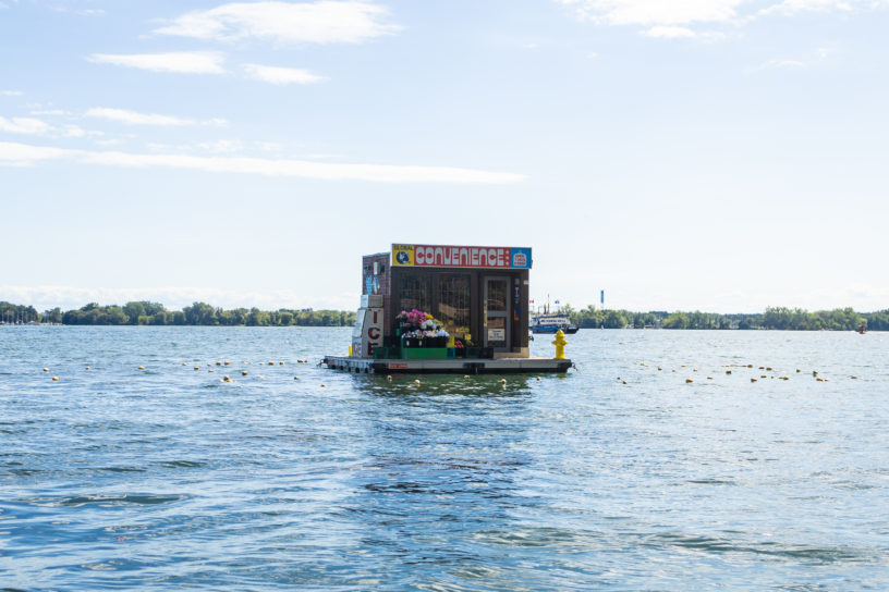 A picture of a floating convenience store on Lake Ontario.