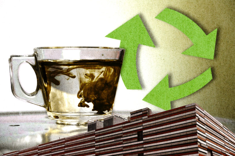 A collage about data centres and water consumption. A glass of water with brown colour mixing into it, as well as a data centre are spliced in front of a recycling logo.