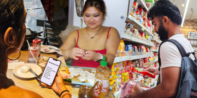 Three panel collage of students eating or shopping for their cultural dishes.