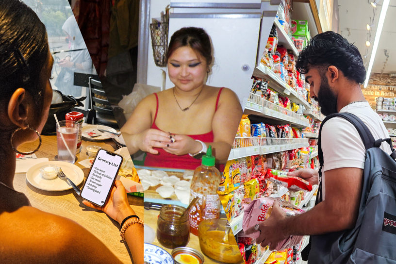 Three panel collage of students eating or shopping for their cultural dishes.