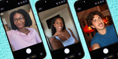 Three phones against a turquoise canvas background, three medical school influencers are taking selfies on the phones.
