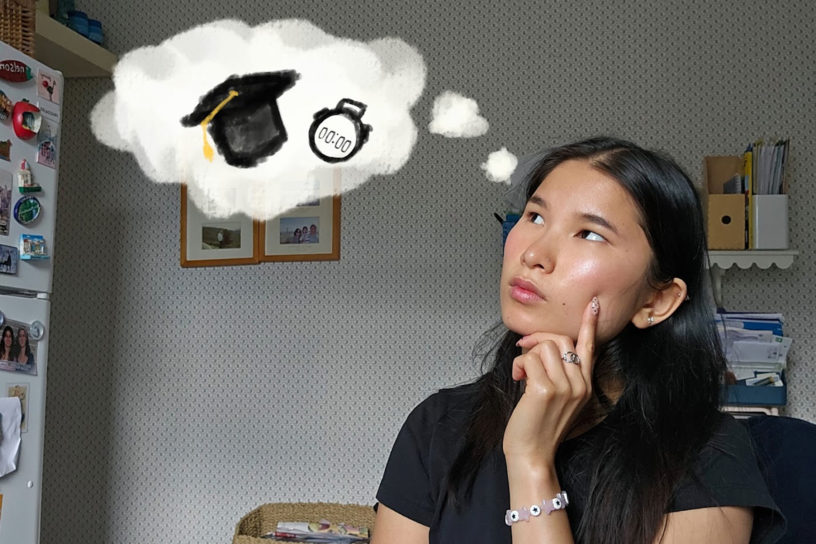 A girl sits in her room with a thought bubble above her head showing a graduation cap and a clock.