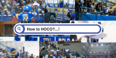 A collage of photos from TMU homecoming hockey games with a search bar overlayed writing "How to Hoco?"