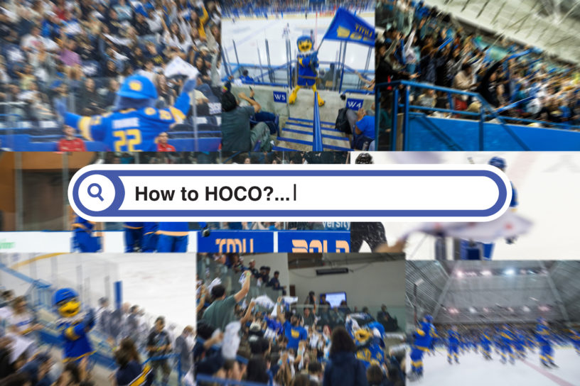 A collage of photos from TMU homecoming hockey games with a search bar overlayed writing "How to Hoco?"