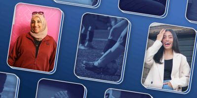 Illustration of various cards which each contain a different sport image in a blue tint. Two of the cards contain photos of two different women.