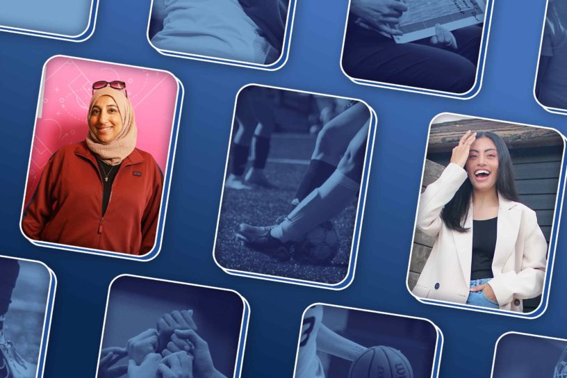 Illustration of various cards which each contain a different sport image in a blue tint. Two of the cards contain photos of two different women.