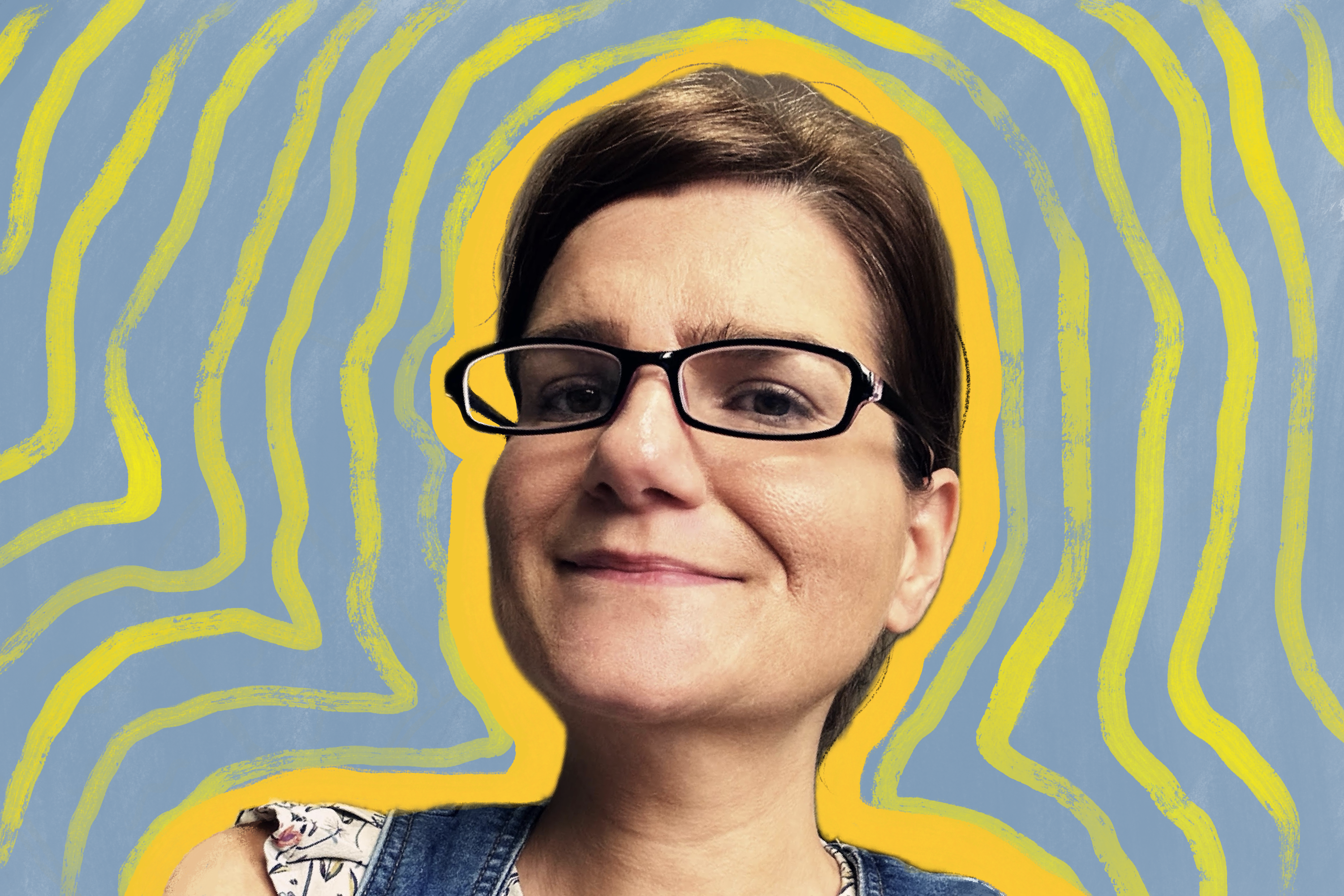 Photo of woman smiling at the camera on a background of light blue with yellow lines around her