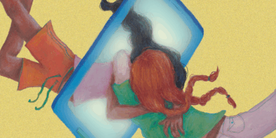 Two girls hugging through a phone screen with a yellow background.