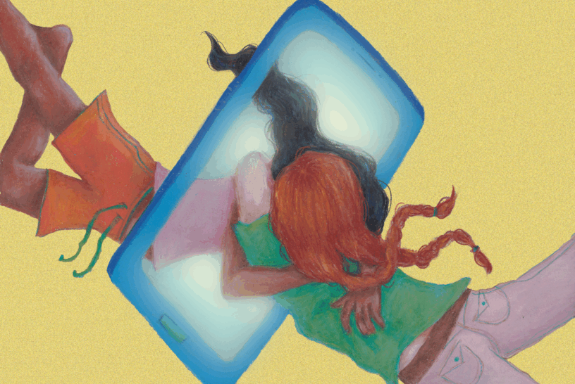 Two girls hugging through a phone screen with a yellow background.