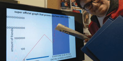 Man with classes pointing at a graph on a screen that says "a super official graph that proves that you have ZERO friends."