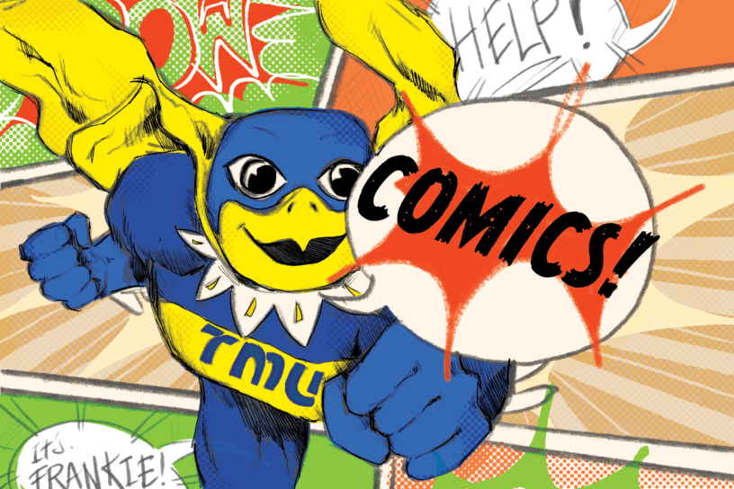 Colourful photo of comic strip with blue falcon in cape, and shirt that says "tmu," flying at the screen saying, "comics!"