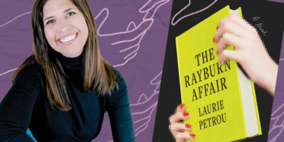 Photo of author Laurie Petrou on the left and her book, "The Rayburn Affair" on the right. The background is purple with illustrations of hands touching across the background.