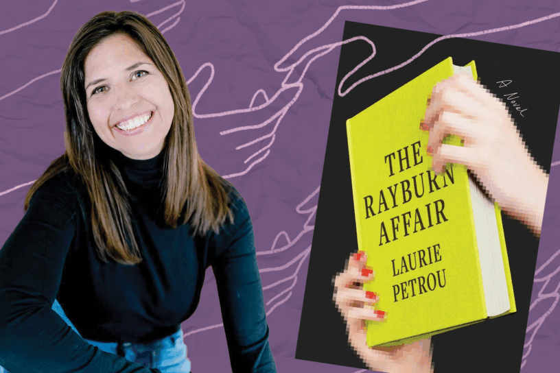 Photo of author Laurie Petrou on the left and her book, "The Rayburn Affair" on the right. The background is purple with illustrations of hands touching across the background.