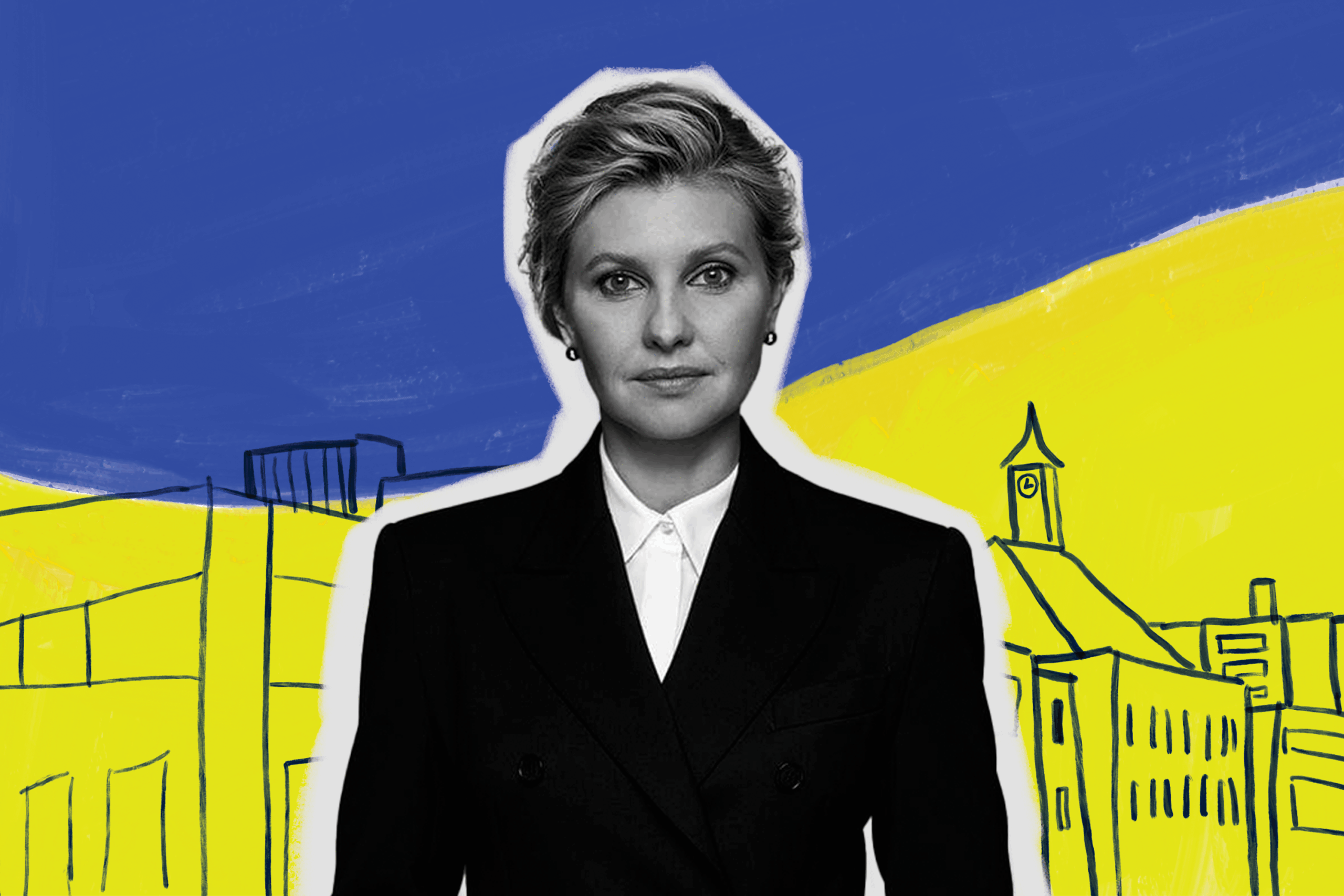 Woman in suit standing in front of a Ukrainian flag and a simple line sketch of buildings