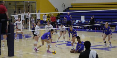 Lakehead volleyball players as TMU concedes a point