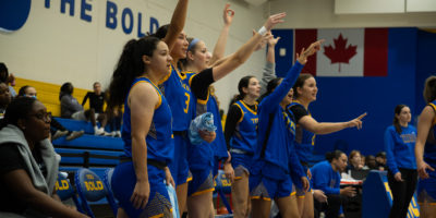 TMU Bold women's basketball bench celebrating