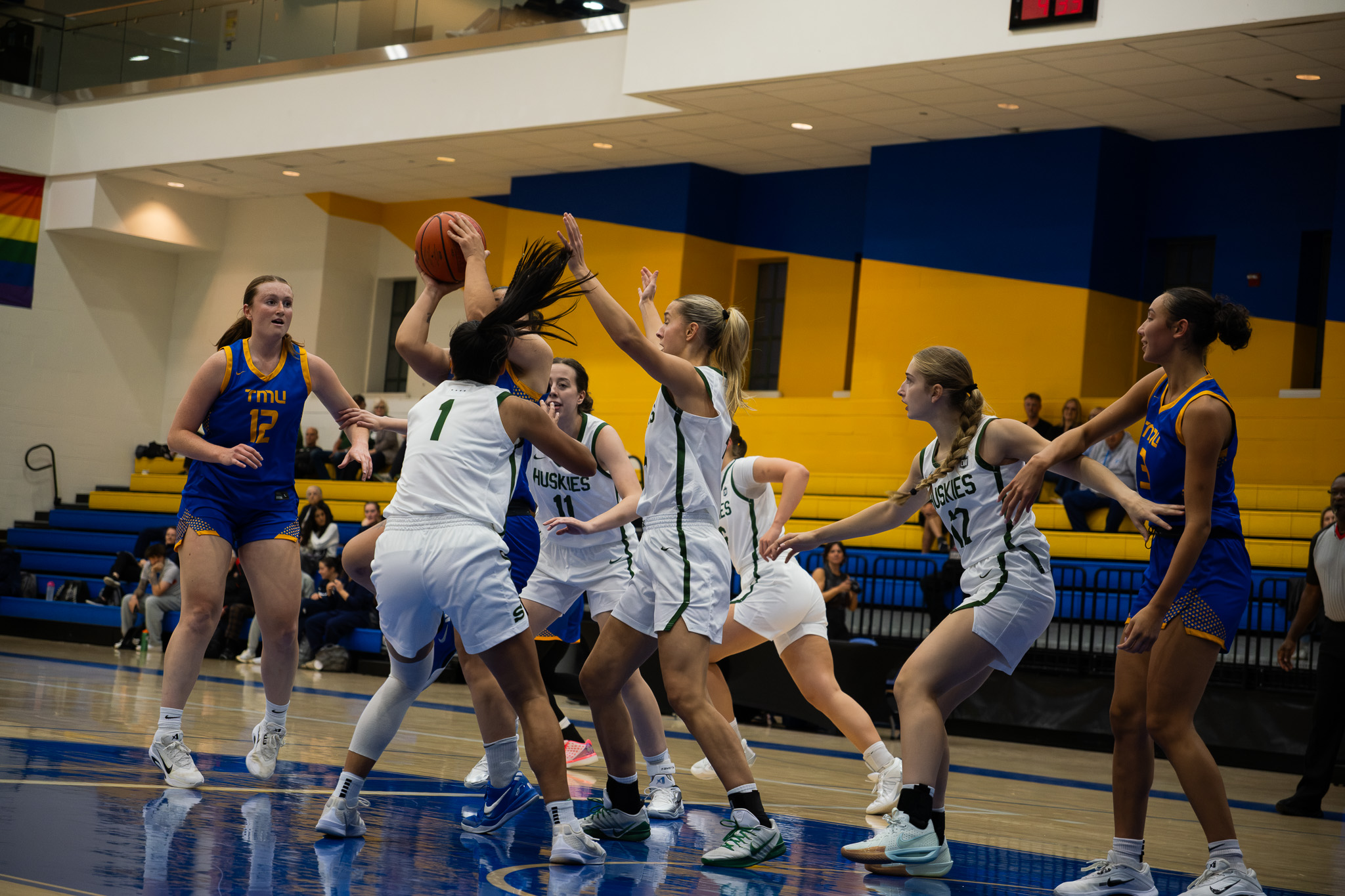 TMU basketball players in a scrimmage with Saskatchewan players