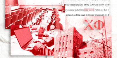 A collaged photo illustration of photos of Cornell University along with someone on a laptop and a screenshot from the Cornell 7 court case.