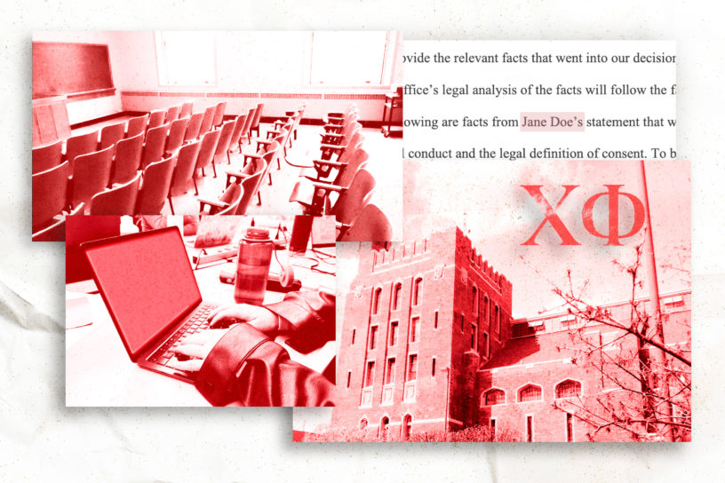 A collaged photo illustration of photos of Cornell University along with someone on a laptop and a screenshot from the Cornell 7 court case.