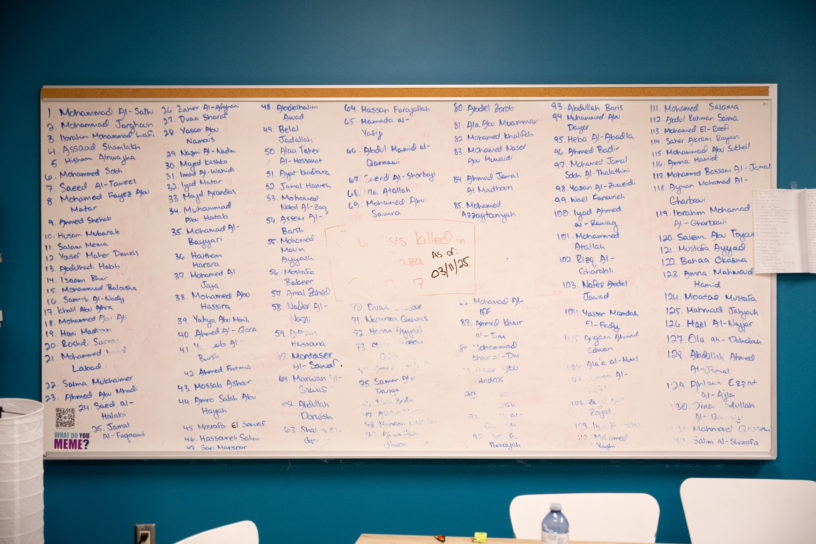 A picture of the whiteboard in the journalism student lounge, where the names of journalists killed in Gaza are written out.