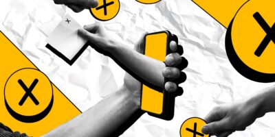 Collage of various arms holding phone, a ballot or a circle with a "X" in the center.