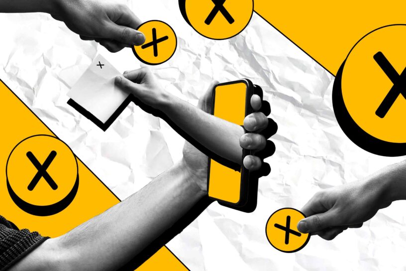 Collage of various arms holding phone, a ballot or a circle with a "X" in the center.