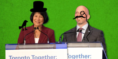 A photo composition of Olivia Chow and Brad Bradford with funny elements drawn over them like a monocle and a top hat.