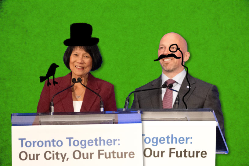 A photo composition of Olivia Chow and Brad Bradford with funny elements drawn over them like a monocle and a top hat.