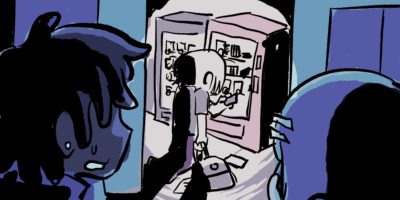 An illustration of a person buying a stapler from a vending machine while two onlookers stand behind them