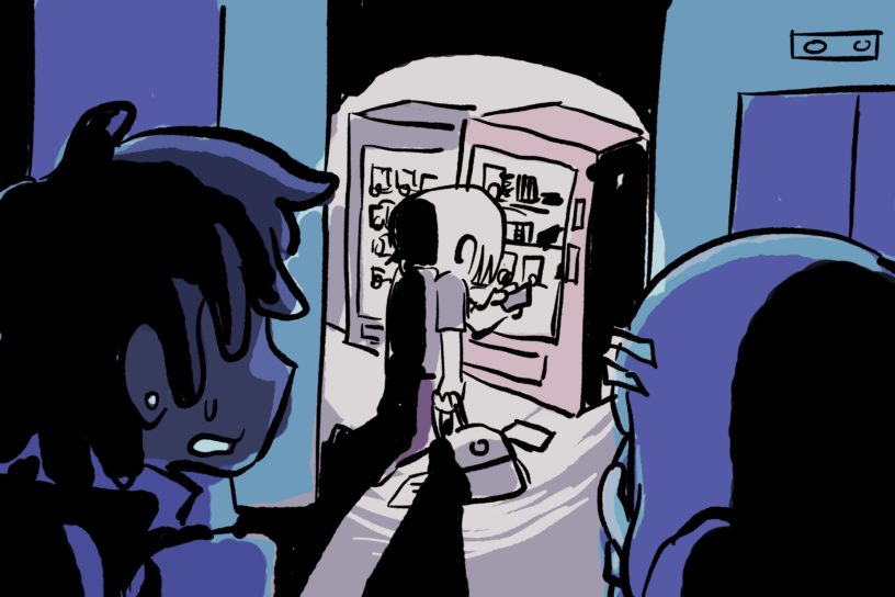 An illustration of a person buying a stapler from a vending machine while two onlookers stand behind them