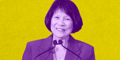 A purple and yellow photo of Olivia Chow.